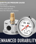 Front view of SCTSNSR 0-100 psi fuel pressure gauge, 1.5-inch dial, stainless steel case, 1/8-NPT back-mount