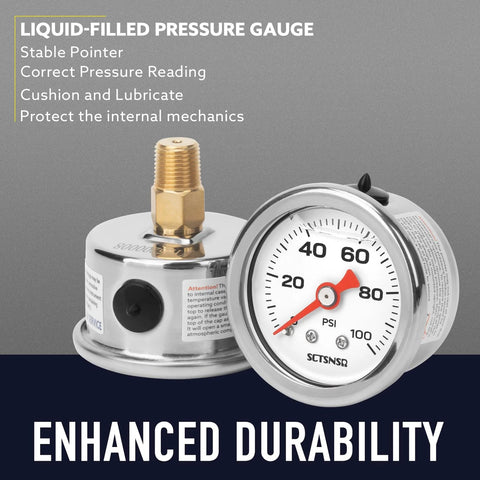 Front view of SCTSNSR 0-100 psi fuel pressure gauge, 1.5-inch dial, stainless steel case, 1/8-NPT back-mount