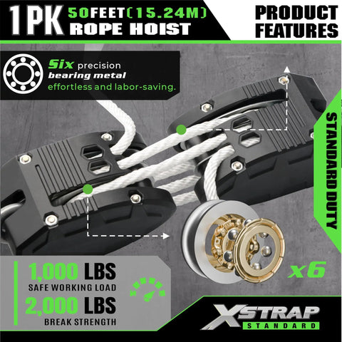 Heavy Duty 2000 Lb 50 Ft Reflective Rope Hoist Pulley Wheel Block And Tackle System with precision bearing and 6 metal components
