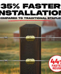 Game Changing Screw In Fence Staples secured to a wooden post, showcasing 1.5 Inch drill driven build, ideal for easy installation.