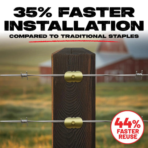 Game Changing Screw In Fence Staples secured to a wooden post, showcasing 1.5 Inch drill driven build, ideal for easy installation.