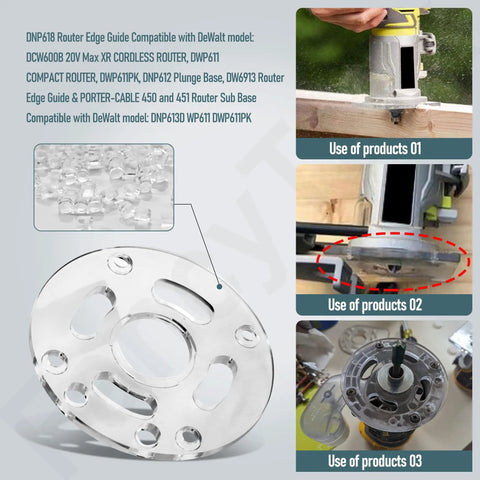Rock Solid Router Edge Guide For Knockout Precision Cuts On DeWalt Fixed Base Compact Tools And Porter Cable Sub Bases With Zero Friction Tracking For Weekend Warriors And Pros, clear anodized router base.