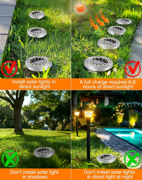 Instructions for installing 12 LED Solar Disk Lights For Outdoor Pathway And Garden Waterproof Ground Lights with sunlight tips.