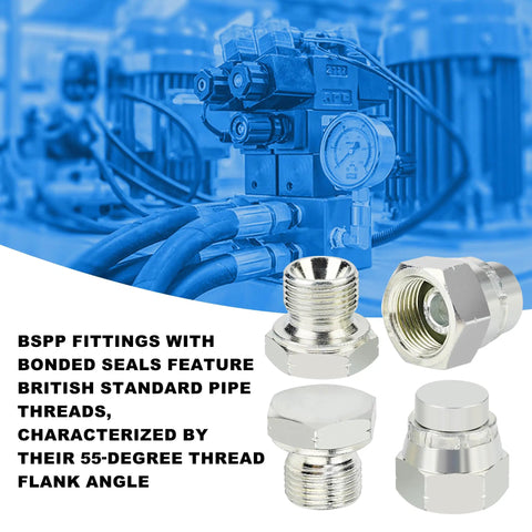 56 Piece BSPP Hydraulic Hose Caps And Plugs Kit with metal components and hydraulic pump background