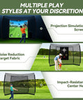 Golf Practice Hitting Net With HD Simulator Screen And Target Cloth 10x8 Ft Pro Grade Golf Driving Net showing 3 training modes