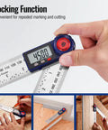 Rock Solid Digital Angle Finder With A Slick Stainless Steel Frame And Smooth 360 Degree Rotation For Zero Hassle Layout Work Plus A Handy Folding Straight Ruler For Fast Job Site Prep showing locking function and precise measurement.
