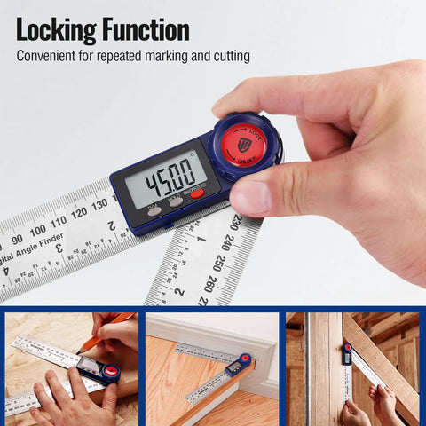 Rock Solid Digital Angle Finder With A Slick Stainless Steel Frame And Smooth 360 Degree Rotation For Zero Hassle Layout Work Plus A Handy Folding Straight Ruler For Fast Job Site Prep showing locking function and precise measurement.