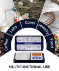 Pocket Gram Scale 200G 0.01G Precision With 6 Units G/Oz/Ozt/Dwt/Ct/Gn, Tare Function, LCD Display shown with use examples.