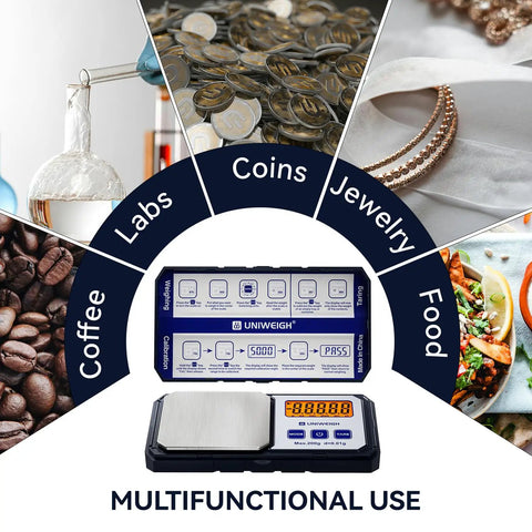 Pocket Gram Scale 200G 0.01G Precision With 6 Units G/Oz/Ozt/Dwt/Ct/Gn, Tare Function, LCD Display shown with use examples.