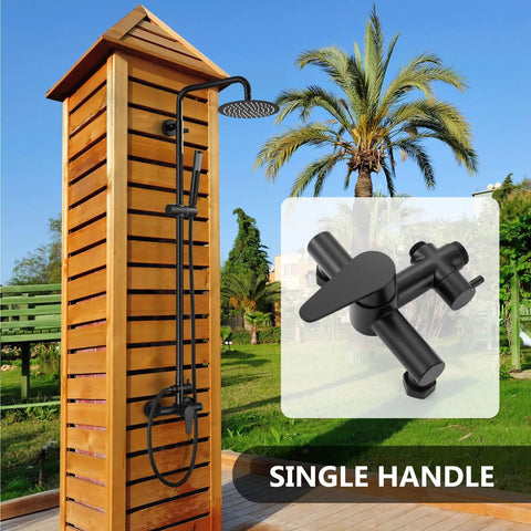Heavy Duty Outdoor Shower Kit Including 8 Inch Rain Faceplate And Handheld Wand In Matte Black Done Right On 304 Stainless Steel For Decks Pools And Yards Rock Solid Construction With Rust Resistant Armor That Kicks Summer Heat