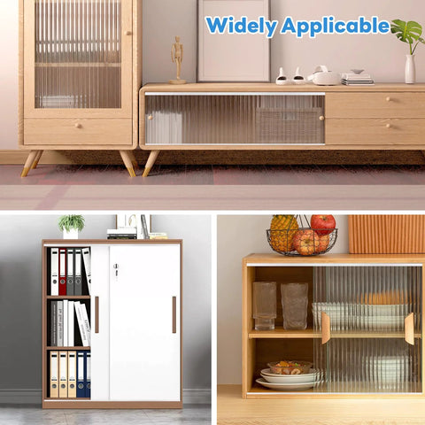 Metal Sliding Door Track Set For One Quarter Inch Thick Panels Ideal For Glass Cabinet Doors And Windows, 36 Inch Long By 0.79 Inch Wide, Silver Finish, Rustproof Aluminum Construction, Smooth Quiet Operation And Easy Installation, shown installed in a modern cabinet setting with various decorations and shelves.