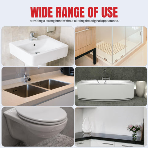 Clear Silicone Caulk Sealant For Kitchen And Bathroom, Waterproof And Crack Proof, Indoor Outdoor Use, 150 Ml Tube shown sealing sinks, showers, tubs, and edges.