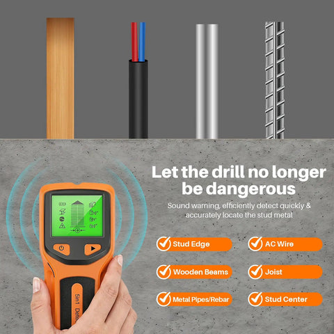 5‑in‑1 Stud Finder Wall Scanner, Smart Chip Wall Detector with LCD Display detecting wood, metal, and AC wires with green display.