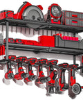 Power Tool Organizer Wall Mount Three Tier Tool Storage Rack With Drill Holder mounted with various tools.