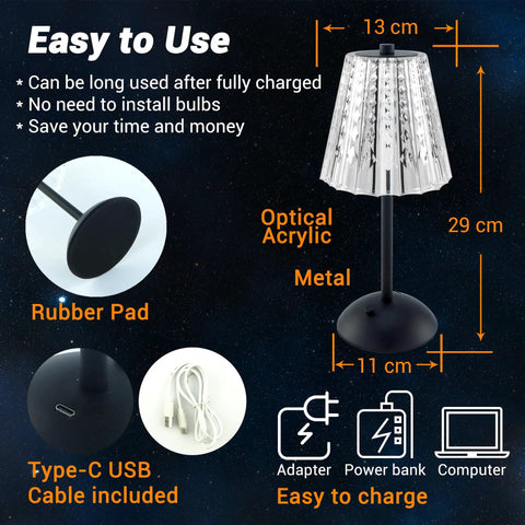 Cordless LED Table Lamp With 4000mAh Rechargeable Battery, 3 Color Modes, showing dimensions and components, black.