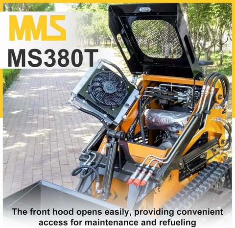 Open hood of Mini Triangular Track Skid Steer Loader With 23HP Gas Engine And 46 Inch Bucket Stand On Crawler Machine