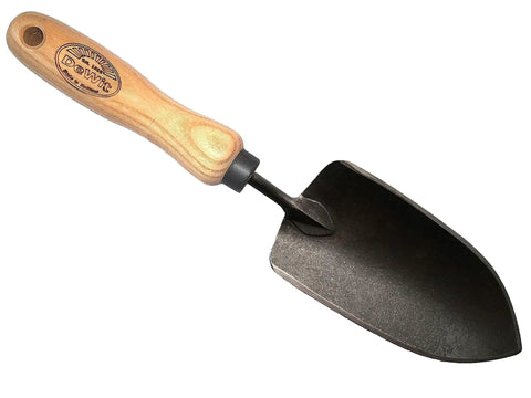 Wood-handled hand trowel part of the Three Tool Garden Bundle With Holder Lightweight 3 Piece Garden Set Including Hand Trowel Right Hand Cape Cod Weeder And Cultivator For Easy No Fuss Weeding And Plant Care Ideal Starter Kit For Home Gardeners