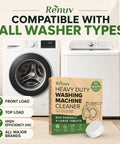 Heavy Duty Washing Machine Cleaner and Descaler Tablets with Deodorizer, box with front and top-load washers background