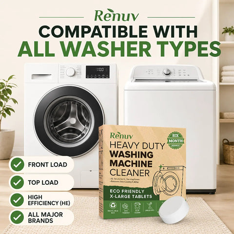 Heavy Duty Washing Machine Cleaner and Descaler Tablets with Deodorizer, box with front and top-load washers background