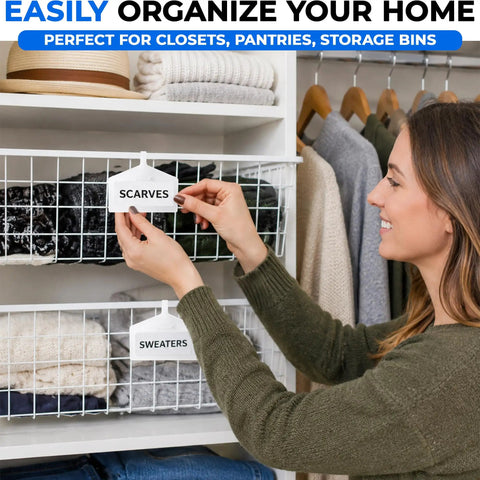 Woman using Clear Wire Shelf Label Holders 3.4 Inch Kit With Snap On Clips for Retail Shelves Pantry Organization 50 Pack Labeling System