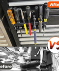 Magnetic Screwdriver Holder Rack And Heavy Duty Tool Organizer for garage mounted on metal surface holding various tools.