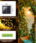 Close-up of 2 Pack 480 LED Solar String Lights For Outside 170 Ft Outdoor Christmas Lights with solar panel and battery details