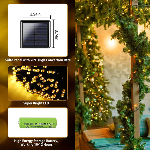 Close-up of 2 Pack 480 LED Solar String Lights For Outside 170 Ft Outdoor Christmas Lights with solar panel and battery details