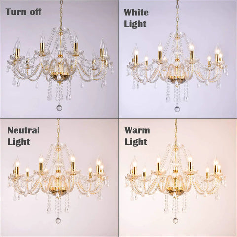 K9 Crystal Candle Chandelier Ten Lights Pendant Ceiling Fixture showing off/off, white, neutral, and warm light settings.