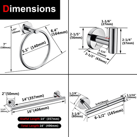 Dimensions of Polished Chrome 5 Piece Bathroom Hardware Set With Hand Towel Ring, 16 Inch Towel Bar, Toilet Paper Holder, Two Towel Hooks.