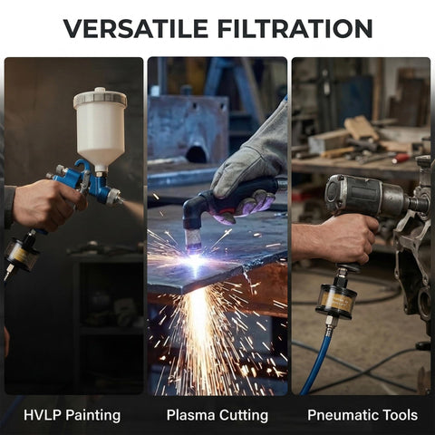 Quarter Inch Inline Air Filter And Water Separator For HVLP Spray Guns And Air Tools in use for painting and cutting