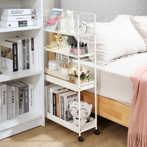 Slim 4 Tier Metal Rolling Cart With Wheels Space Saver For Narrow Spaces, Mobile Shelving Unit in bedroom setting, White