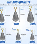 30 Pack Lead Fishing Weight Sinkers With Brass Swivel, Streamlined Bass Casting Sinker Weights For Catfish, size chart displayed