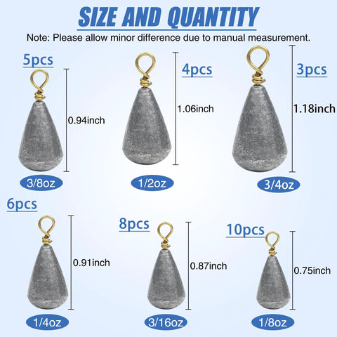 30 Pack Lead Fishing Weight Sinkers With Brass Swivel, Streamlined Bass Casting Sinker Weights For Catfish, size chart displayed