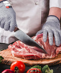 Cut Resistant Kitchen Gloves Level 5 Ambidextrous For Mandolin Oyster Shucking Woodworking 2 Pairs Grippy Flexible Grip And Fingertip Protection in use during meat slicing