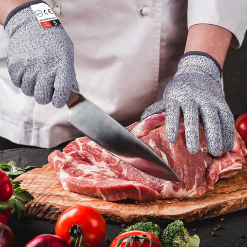 Cut Resistant Kitchen Gloves Level 5 Ambidextrous For Mandolin Oyster Shucking Woodworking 2 Pairs Grippy Flexible Grip And Fingertip Protection in use during meat slicing