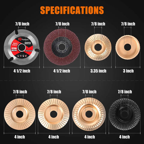 Specifications of 13 Piece Wood Carving Disc Set For Four And A Half Inch Angle Grinders With Carbon Steel Discs And Flap Discs