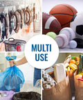 Collage showing laundry machines, sports balls, groceries, and a person holding a trash bag labeled 'Multi Use' for Folding Shopping Cart With Wheels For Grocery And Laundry, Lightweight Yet Durable Trolley Holds Up To 90 Lbs, Compact Foldable Black Design With Easy Grip Handle For Smooth Rolling Across Surfaces And Effortless Stair Climbing And Daily Transport