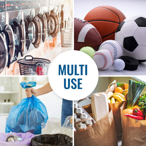 Collage showing laundry machines, sports balls, groceries, and a person holding a trash bag labeled 'Multi Use' for Folding Shopping Cart With Wheels For Grocery And Laundry, Lightweight Yet Durable Trolley Holds Up To 90 Lbs, Compact Foldable Black Design With Easy Grip Handle For Smooth Rolling Across Surfaces And Effortless Stair Climbing And Daily Transport
