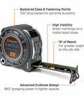1-3/16 Inch By 25 Foot Dual Sided Tape Measure with Nite Eye Glow, Shockforce Blade and Matte Black Nylon Coated Blade