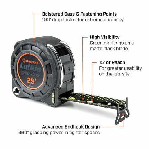 1-3/16 Inch By 25 Foot Dual Sided Tape Measure with Nite Eye Glow, Shockforce Blade and Matte Black Nylon Coated Blade