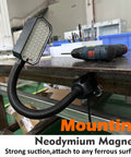 MUTUACTOR two-pack neodymium magnets on a flexible black gooseneck mounting arm holding a rectangular LED panel