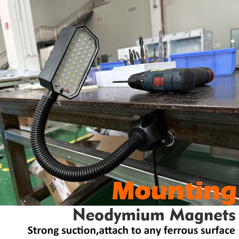 MUTUACTOR two-pack neodymium magnets on a flexible black gooseneck mounting arm holding a rectangular LED panel