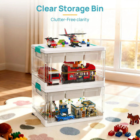 Clear storage bin with toys inside, featuring organized compartments and a white lid, placed in a sunlit room on a rug.