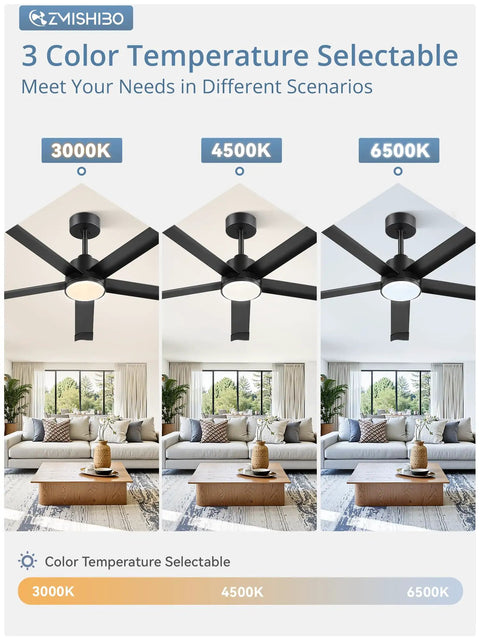 ZMISHIBO 52 Inch Ceiling Fans with Lights, Bend-Resistant Aluminum Blades display showing three color temperatures in a living room.