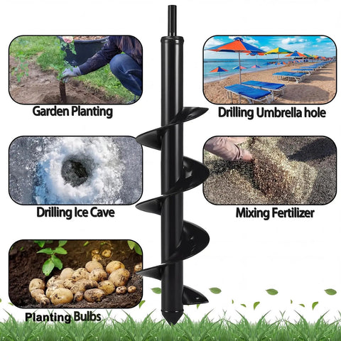 Heavy Duty 4 By 16 Inch Garden Auger Drill Bit with images showing various uses like planting bulbs and drilling holes