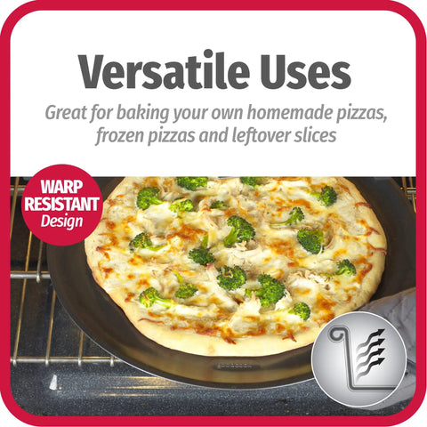 AirPerfect Nonstick 15.75 Inch Pizza Pan Set Of 2 with pizza baking in oven, showcasing perforated design for crispy crusts.