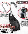 Heavy Duty 3/8 Inch Rope Ratchet Tie Down Pulley Hanger With Self Locking Tension System; close-up of steel S-hook and mechanism details.