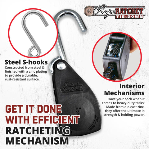 Heavy Duty 3/8 Inch Rope Ratchet Tie Down Pulley Hanger With Self Locking Tension System; close-up of steel S-hook and mechanism details.