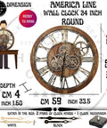 Real Moving Gear Wall Clock Vintage Industrial Home Decor Massive Rustic Farmhouse Timepiece 24 Inch Wood Panel close-up view