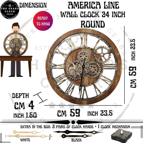 Real Moving Gear Wall Clock Vintage Industrial Home Decor Massive Rustic Farmhouse Timepiece 24 Inch Wood Panel close-up view